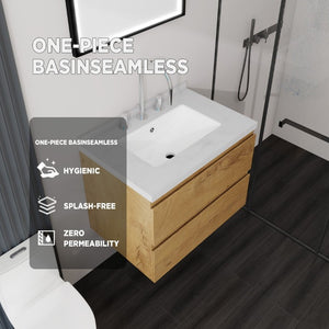 English Elm 24 Inch Floating Bathroom Vanity with Cultured Marble Top Soft Close Drawer Undermount Sink Oak Carrara White B2775S00249