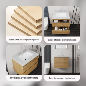English Elm 24 Inch Floating Bathroom Vanity with Cultured Marble Top Soft Close Drawer Undermount Sink Oak Carrara White B2775S00249