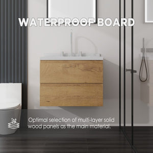 English Elm 24 Inch Floating Bathroom Vanity with Cultured Marble Top Soft Close Drawer Undermount Sink Oak Carrara White B2775S00249