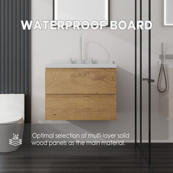 English Elm 24 Inch Floating Bathroom Vanity with Cultured Marble Top Soft Close Drawer Undermount Sink Oak Carrara White B2775S00249