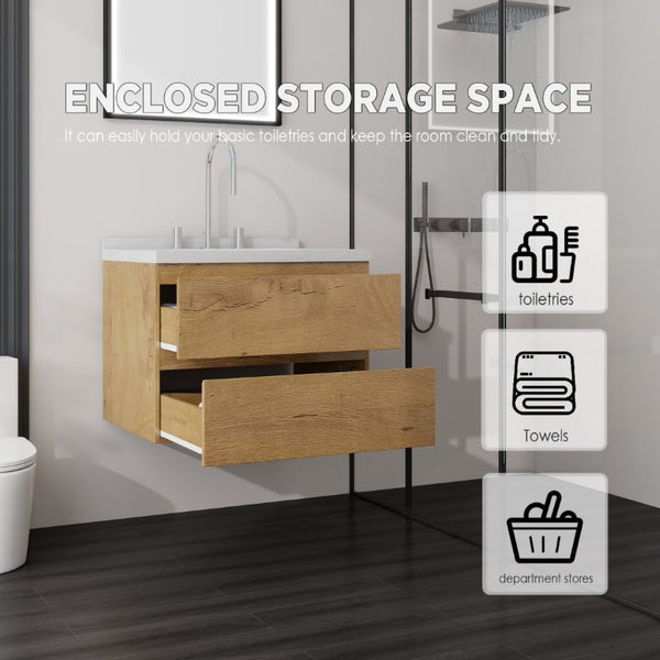 English Elm 24 Inch Floating Bathroom Vanity with Cultured Marble Top Soft Close Drawer Undermount Sink Oak Carrara White B2775S00249