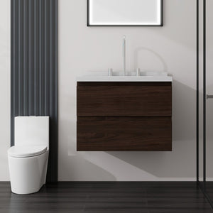 English Elm 24 Inch Floating Bathroom Vanity with Cultured Marble Top Soft Close Drawer Undermount Sink Brown Carrara White B2775S00250