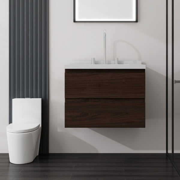 English Elm 24 Inch Floating Bathroom Vanity with Cultured Marble Top Soft Close Drawer Undermount Sink Brown Carrara White B2775S00250