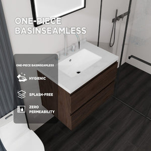 English Elm 24 Inch Floating Bathroom Vanity with Cultured Marble Top Soft Close Drawer Undermount Sink Brown Carrara White B2775S00250