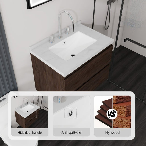 English Elm 24 Inch Floating Bathroom Vanity with Cultured Marble Top Soft Close Drawer Undermount Sink Brown Carrara White B2775S00250