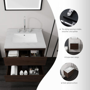 English Elm 24 Inch Floating Bathroom Vanity with Cultured Marble Top Soft Close Drawer Undermount Sink Brown Carrara White B2775S00250
