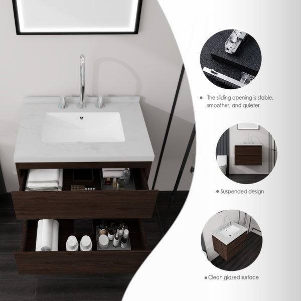 English Elm 24 Inch Floating Bathroom Vanity with Cultured Marble Top Soft Close Drawer Undermount Sink Brown Carrara White B2775S00250