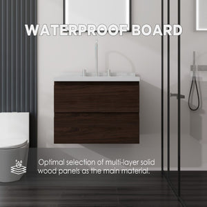 English Elm 24 Inch Floating Bathroom Vanity with Cultured Marble Top Soft Close Drawer Undermount Sink Brown Carrara White B2775S00250
