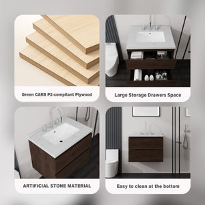 English Elm 24 Inch Floating Bathroom Vanity with Cultured Marble Top Soft Close Drawer Undermount Sink Brown Carrara White B2775S00250