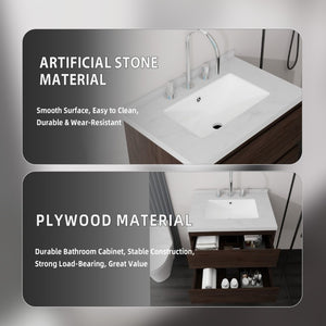 English Elm 24 Inch Floating Bathroom Vanity with Cultured Marble Top Soft Close Drawer Undermount Sink Brown Carrara White B2775S00250