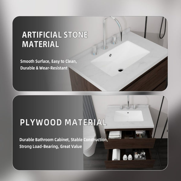 English Elm 24 Inch Floating Bathroom Vanity with Cultured Marble Top Soft Close Drawer Undermount Sink Brown Carrara White B2775S00250