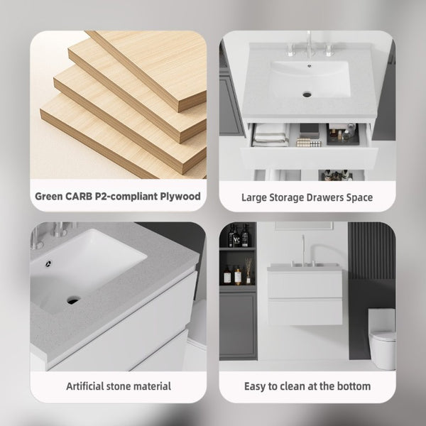 English Elm 24 Inch Floating Bathroom Vanity with Cultured Marble Top Soft Close Drawer Undermount Sink White Granite White B2775S00251