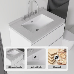 English Elm 24 Inch Floating Bathroom Vanity with Cultured Marble Top Soft Close Drawer Undermount Sink White Granite White B2775S00251