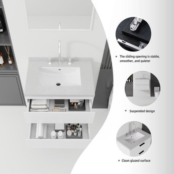 English Elm 24 Inch Floating Bathroom Vanity with Cultured Marble Top Soft Close Drawer Undermount Sink White Granite White B2775S00251