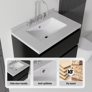 English Elm 24 Inch Floating Bathroom Vanity with Cultured Marble Top Soft Close Drawer Undermount Sink Black Granite White B2775S00252