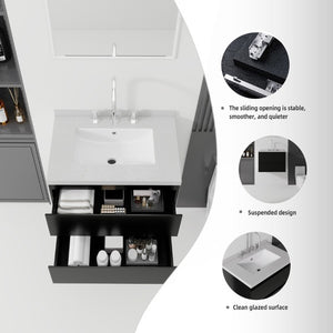 English Elm 24 Inch Floating Bathroom Vanity with Cultured Marble Top Soft Close Drawer Undermount Sink Black Granite White B2775S00252