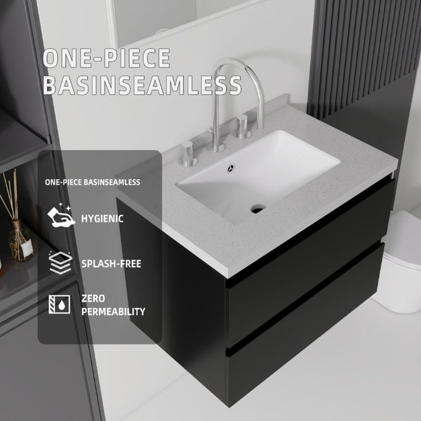 English Elm 24 Inch Floating Bathroom Vanity with Cultured Marble Top Soft Close Drawer Undermount Sink Black Granite White B2775S00252