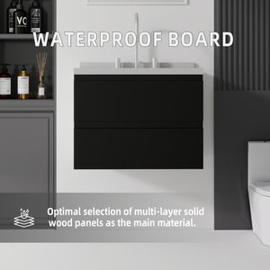 English Elm 24 Inch Floating Bathroom Vanity with Cultured Marble Top Soft Close Drawer Undermount Sink Black Granite White B2775S00252