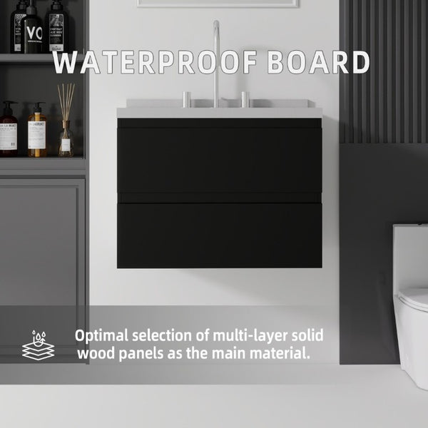 English Elm 24 Inch Floating Bathroom Vanity with Cultured Marble Top Soft Close Drawer Undermount Sink Black Granite White B2775S00252