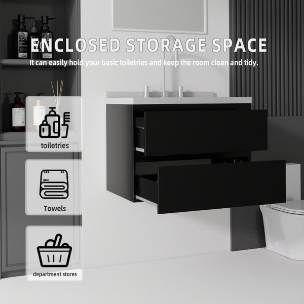 English Elm 24 Inch Floating Bathroom Vanity with Cultured Marble Top Soft Close Drawer Undermount Sink Black Granite White B2775S00252