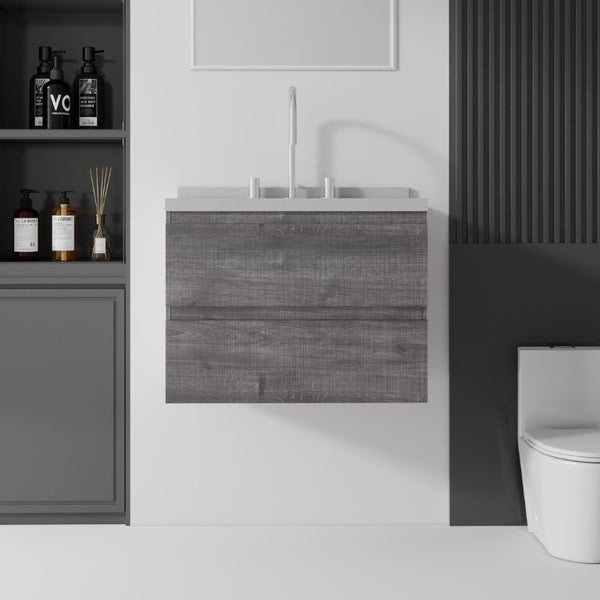 English Elm 24 Inch Floating Bathroom Vanity with Cultured Marble Top Soft Close Drawer Undermount Sink Grey Granite White B2775S00253