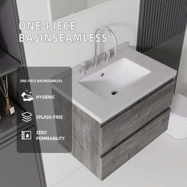 English Elm 24 Inch Floating Bathroom Vanity with Cultured Marble Top Soft Close Drawer Undermount Sink Grey Granite White B2775S00253