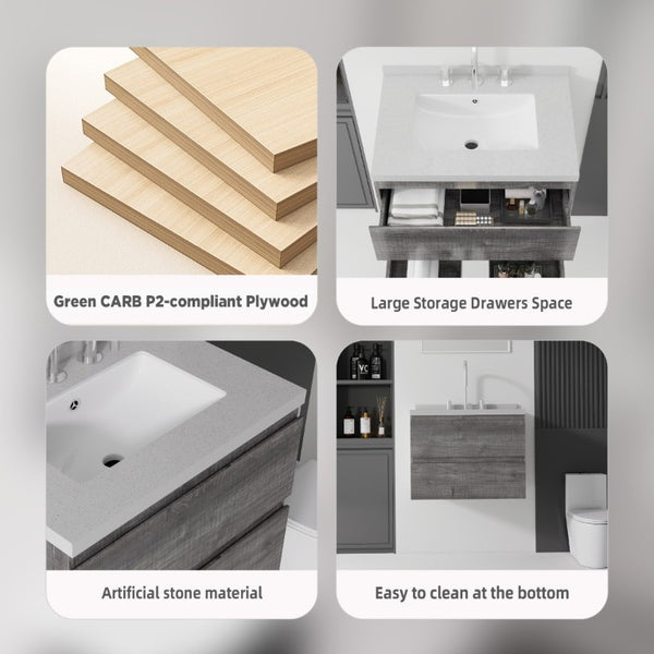 English Elm 24 Inch Floating Bathroom Vanity with Cultured Marble Top Soft Close Drawer Undermount Sink Grey Granite White B2775S00253
