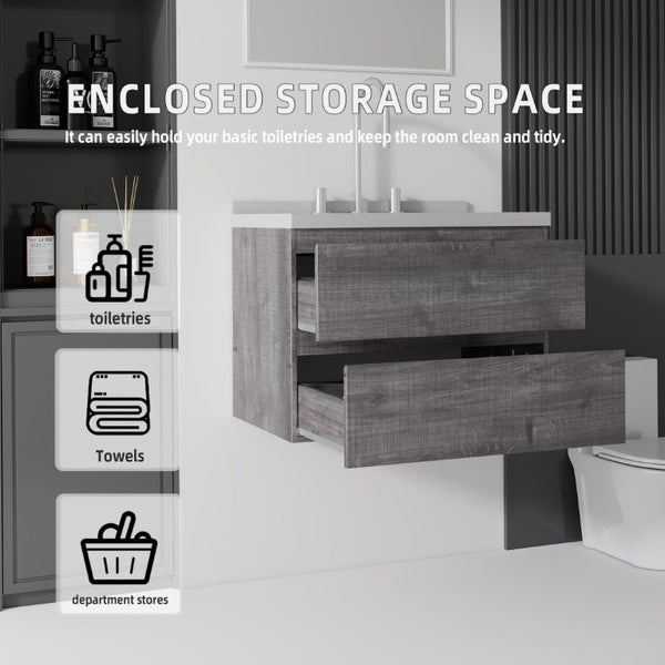 English Elm 24 Inch Floating Bathroom Vanity with Cultured Marble Top Soft Close Drawer Undermount Sink Grey Granite White B2775S00253