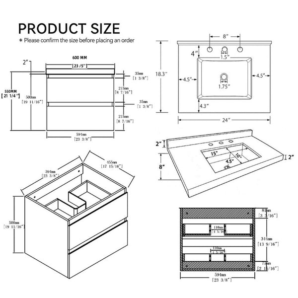 English Elm 24 Inch Floating Bathroom Vanity with Cultured Marble Top Soft Close Drawer Undermount Sink Grey Granite White B2775S00253
