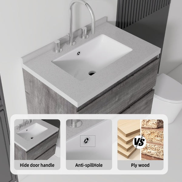English Elm 24 Inch Floating Bathroom Vanity with Cultured Marble Top Soft Close Drawer Undermount Sink Grey Granite White B2775S00253