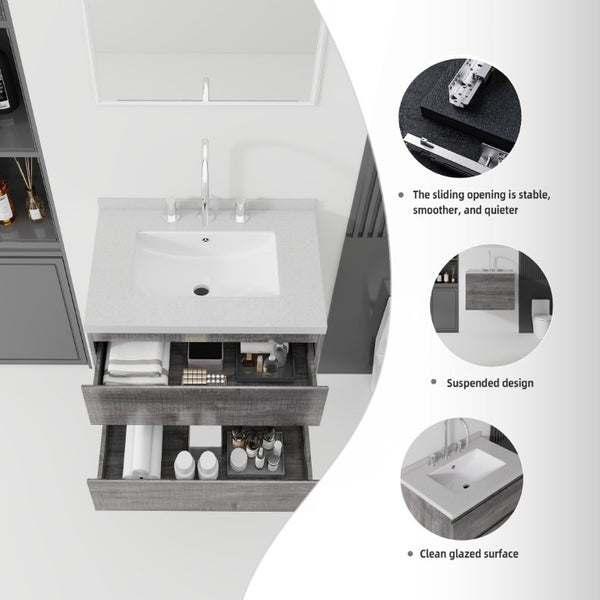 English Elm 24 Inch Floating Bathroom Vanity with Cultured Marble Top Soft Close Drawer Undermount Sink Grey Granite White B2775S00253