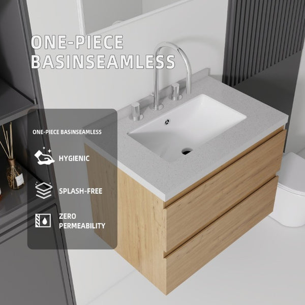English Elm 24 Inch Floating Bathroom Vanity with Cultured Marble Top Soft Close Drawer Undermount Sink Oak Granite White B2775S00254