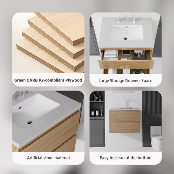 English Elm 24 Inch Floating Bathroom Vanity with Cultured Marble Top Soft Close Drawer Undermount Sink Oak Granite White B2775S00254
