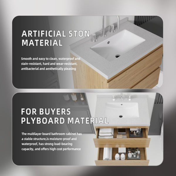 English Elm 24 Inch Floating Bathroom Vanity with Cultured Marble Top Soft Close Drawer Undermount Sink Oak Granite White B2775S00254