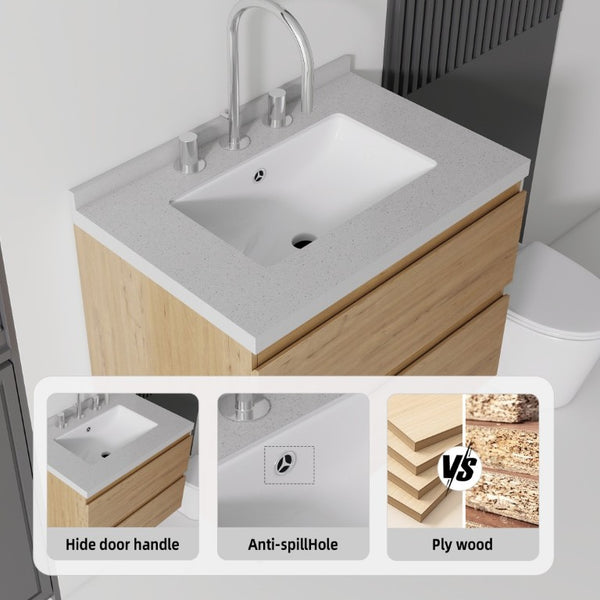 English Elm 24 Inch Floating Bathroom Vanity with Cultured Marble Top Soft Close Drawer Undermount Sink Oak Granite White B2775S00254