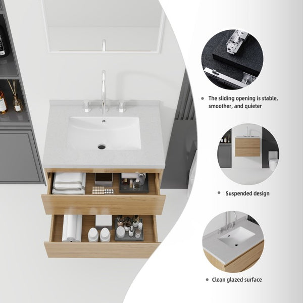 English Elm 24 Inch Floating Bathroom Vanity with Cultured Marble Top Soft Close Drawer Undermount Sink Oak Granite White B2775S00254
