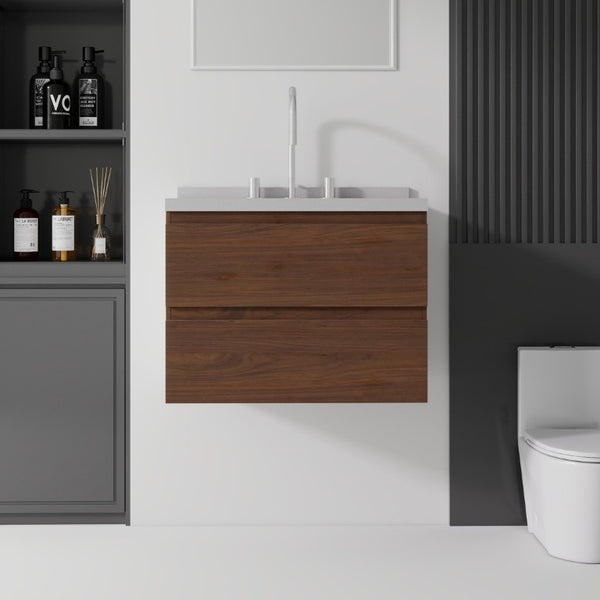 English Elm 24 Inch Floating Bathroom Vanity with Cultured Marble Top Soft Close Drawer Undermount Sink Brown Granite White B2775S00255