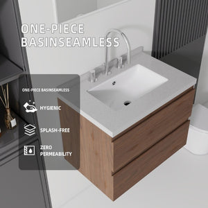 English Elm 24 Inch Floating Bathroom Vanity with Cultured Marble Top Soft Close Drawer Undermount Sink Brown Granite White B2775S00255