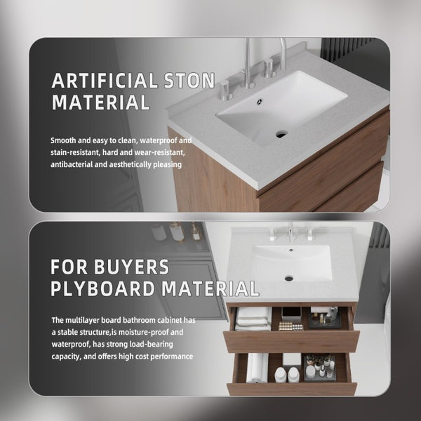 English Elm 24 Inch Floating Bathroom Vanity with Cultured Marble Top Soft Close Drawer Undermount Sink Brown Granite White B2775S00255
