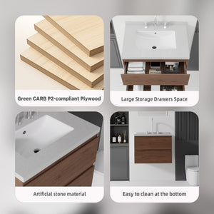 English Elm 24 Inch Floating Bathroom Vanity with Cultured Marble Top Soft Close Drawer Undermount Sink Brown Granite White B2775S00255