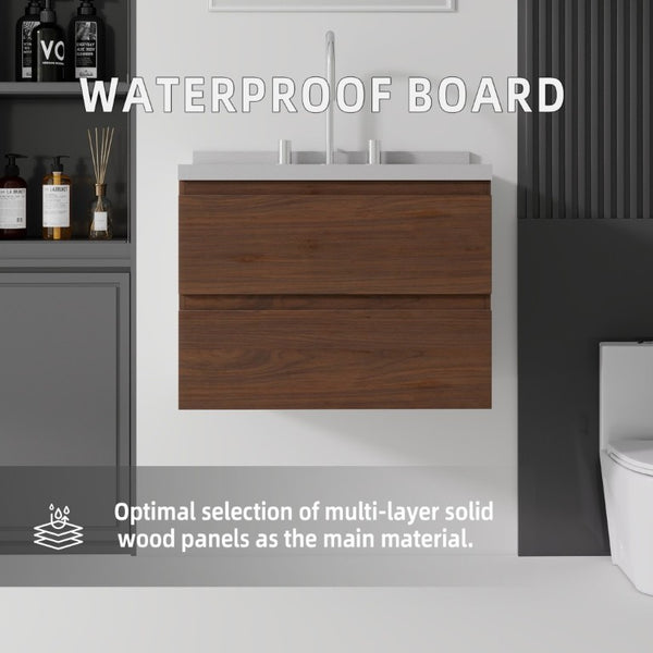 English Elm 24 Inch Floating Bathroom Vanity with Cultured Marble Top Soft Close Drawer Undermount Sink Brown Granite White B2775S00255
