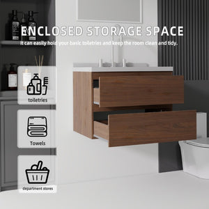 English Elm 24 Inch Floating Bathroom Vanity with Cultured Marble Top Soft Close Drawer Undermount Sink Brown Granite White B2775S00255
