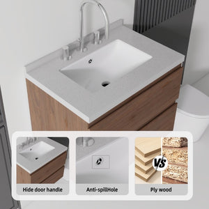English Elm 24 Inch Floating Bathroom Vanity with Cultured Marble Top Soft Close Drawer Undermount Sink Brown Granite White B2775S00255
