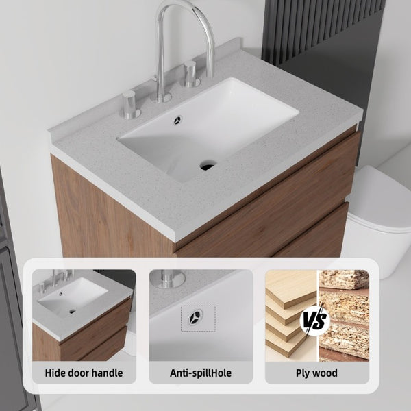 English Elm 24 Inch Floating Bathroom Vanity with Cultured Marble Top Soft Close Drawer Undermount Sink Brown Granite White B2775S00255