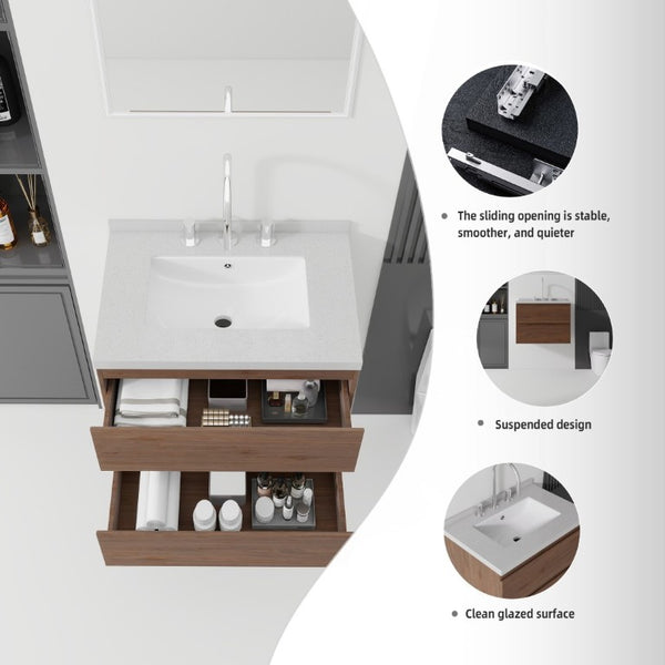English Elm 24 Inch Floating Bathroom Vanity with Cultured Marble Top Soft Close Drawer Undermount Sink Brown Granite White B2775S00255