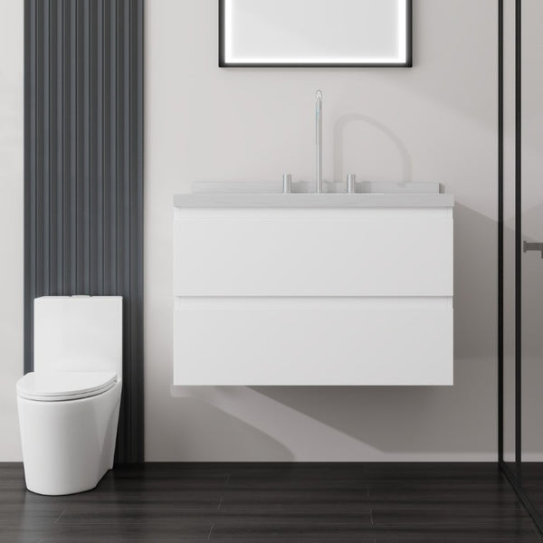 English Elm 30 Inch Floating Bathroom Vanity Plywood Cabinet Cultured Marble Undermount Sink White Carrara White B2775S00266