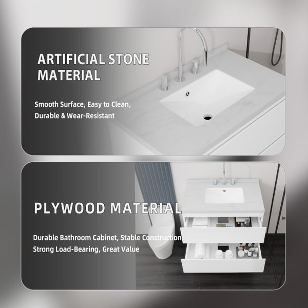 English Elm 30 Inch Floating Bathroom Vanity Plywood Cabinet Cultured Marble Undermount Sink White Carrara White B2775S00266
