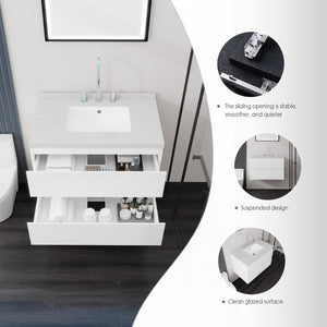 English Elm 30 Inch Floating Bathroom Vanity Plywood Cabinet Cultured Marble Undermount Sink White Carrara White B2775S00266