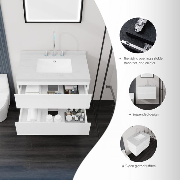 English Elm 30 Inch Floating Bathroom Vanity Plywood Cabinet Cultured Marble Undermount Sink White Carrara White B2775S00266