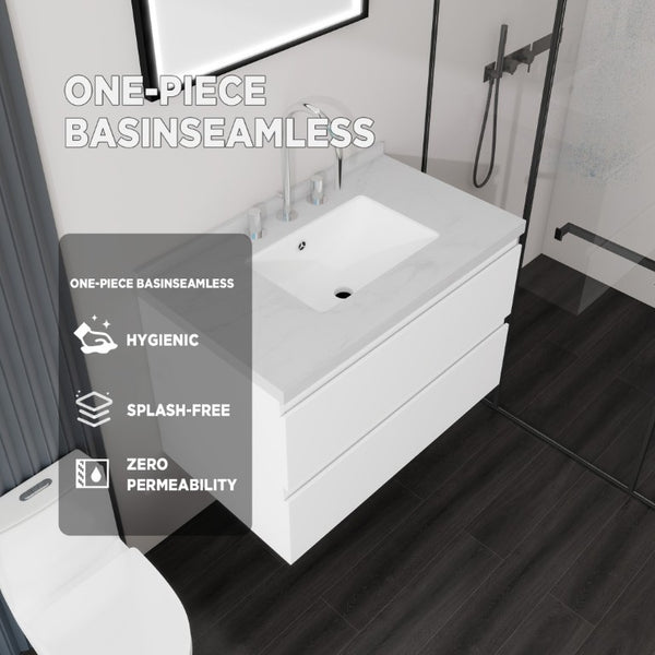 English Elm 30 Inch Floating Bathroom Vanity Plywood Cabinet Cultured Marble Undermount Sink White Carrara White B2775S00266